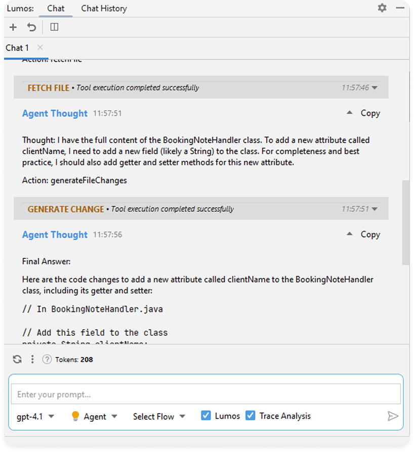 Lumos Plug-in for IntelliJ and WebStorm IDE showing agentic intelligence integration for code review and refactoring